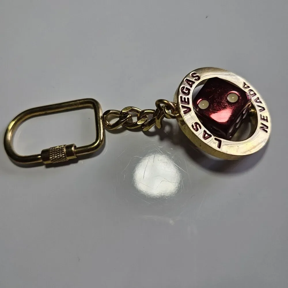 Las Vegas Gold Tone Nevada Souvenir spinning Dice keyring chain keychain 1.5